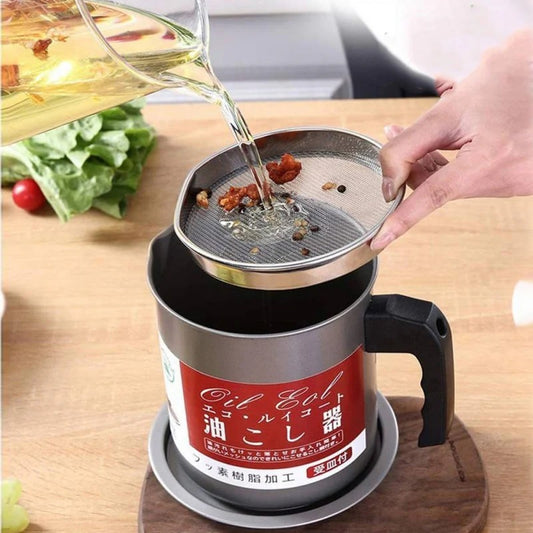 Oil Storage Filter Pot Stainless Steel Strainer with Lid 1.4 L