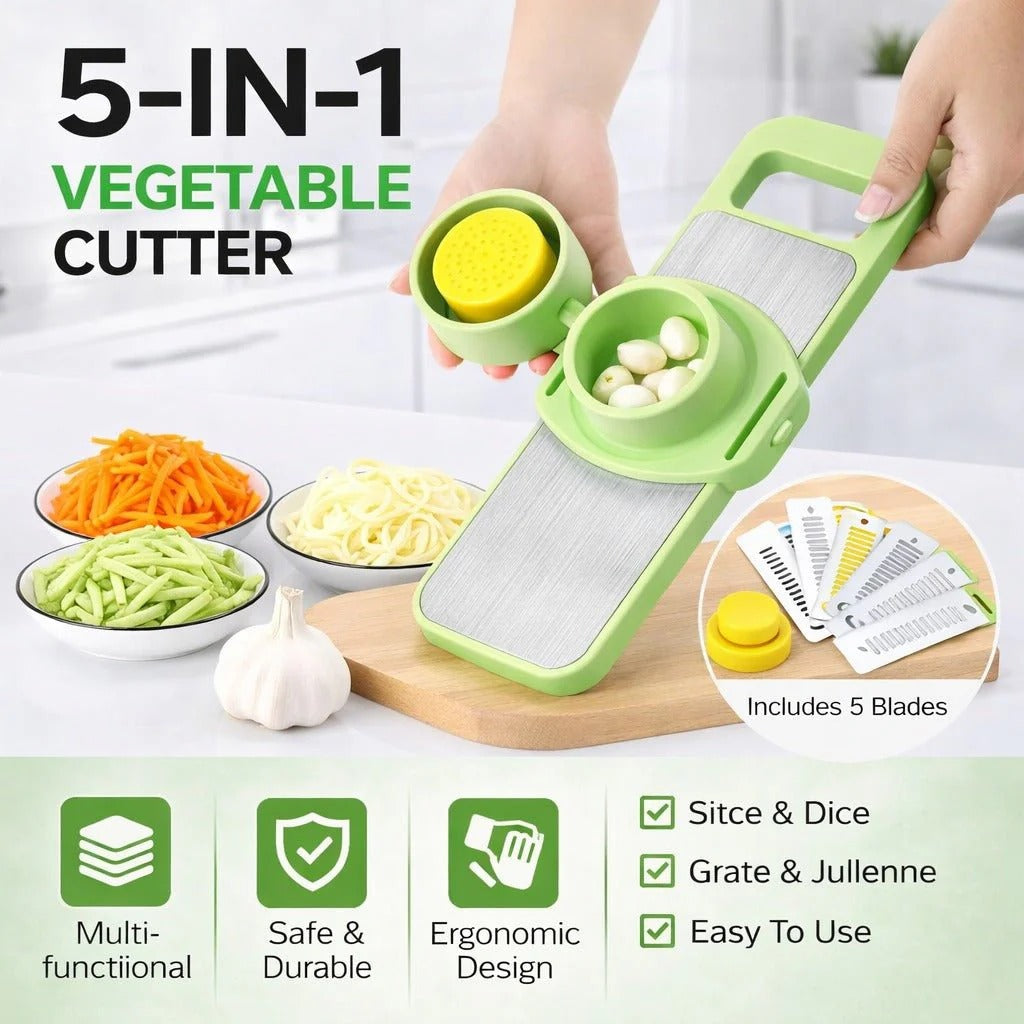 5-in-1 vegetable slicer cutter with interchangeable stainless steel blades for kitchen meal prep