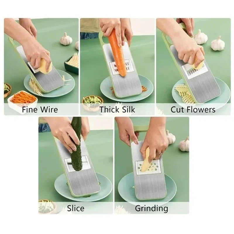 Kitchen vegetable slicer with grater, shredder, and dicing blades