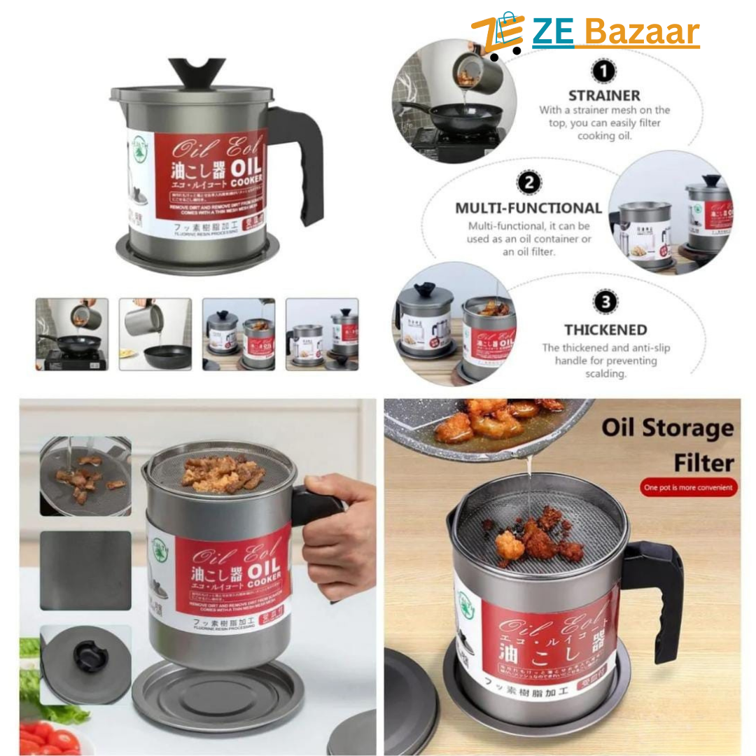Oil Storage Filter Pot Stainless Steel Strainer with Lid 1.4 L