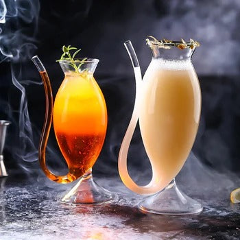 Curved Cocktail Glass with Built-In Straw - Unique Artistic Drinkware