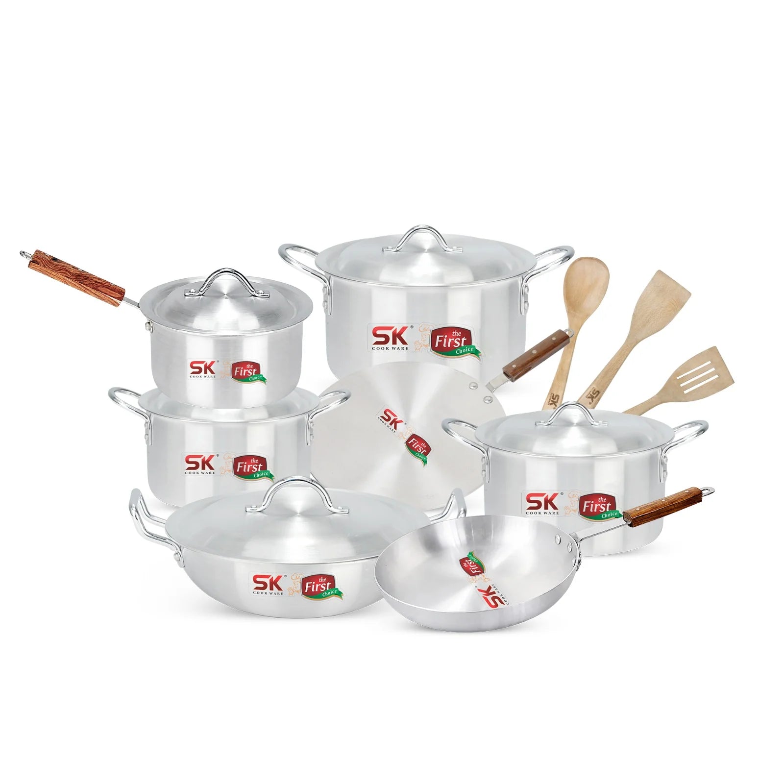SK Cookware 15-Piece Aluminum Cookware Set - Bridal Gift Set with Wooden Spatulas