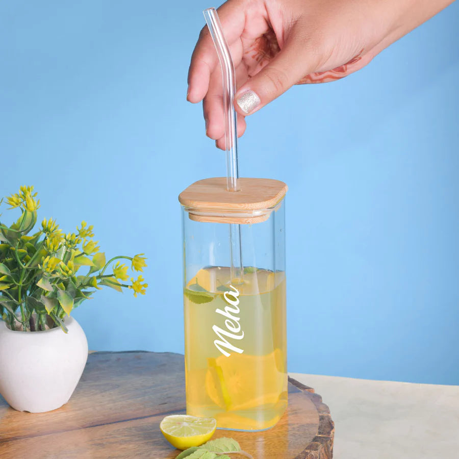 Juicer Glass with Glass Straw and Bamboo Lid