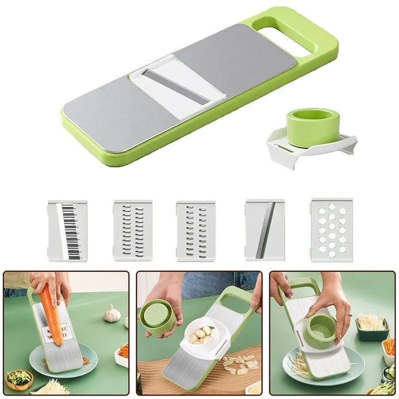 5-in-1 Vegetable Chopper – Stainless Steel Dicer, Slicer, Grater, Shredder & Peeler – Food Grade Kitchen Tool with Interchangeable Blades