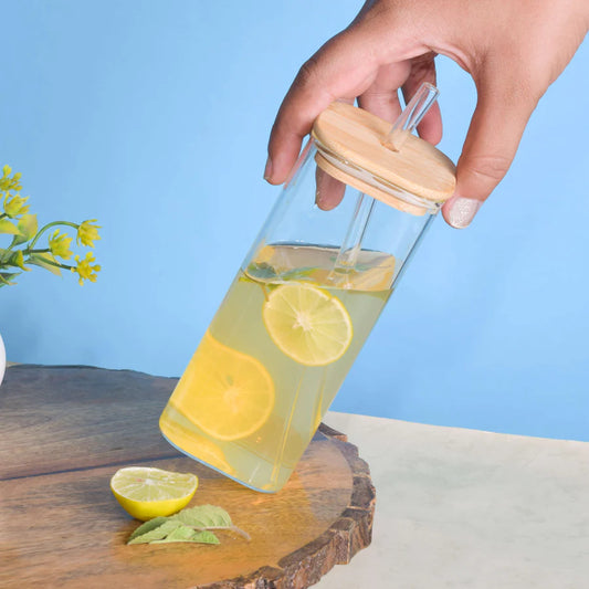 Juicer Glass with Glass Straw and Bamboo Lid