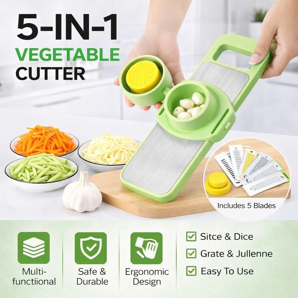 5-in-1 Vegetable Chopper – Stainless Steel Dicer, Slicer, Grater, Shredder & Peeler – Food Grade Kitchen Tool with Interchangeable Blades