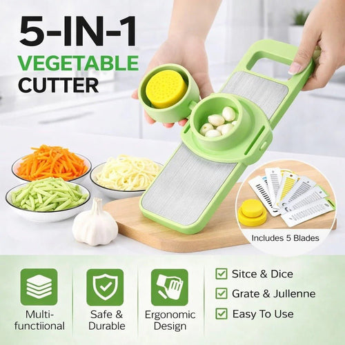 5-in-1 Vegetable Chopper – Stainless Steel Dicer, Slicer, Grater, Shredder & Peeler – Food Grade Kitchen Tool with Interchangeable Blades