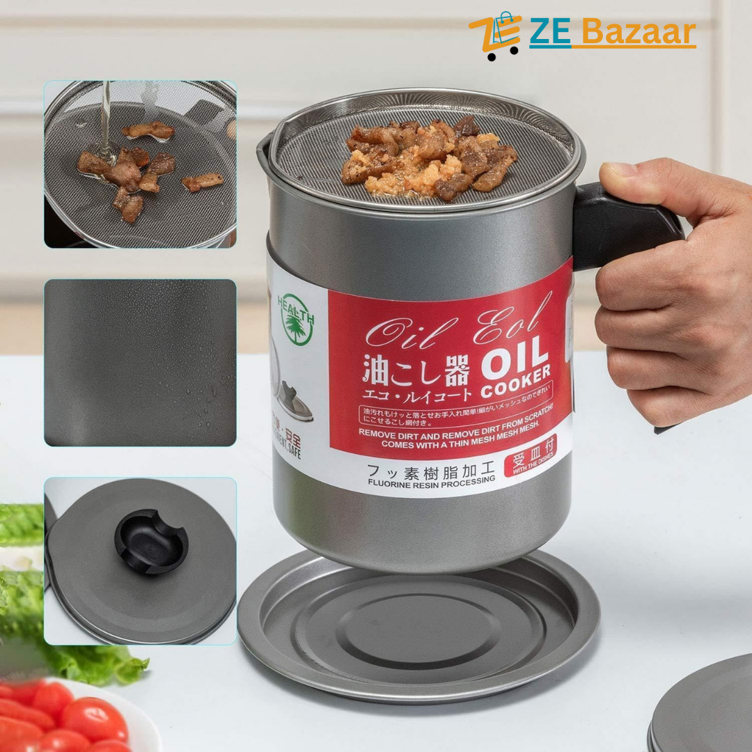 Oil Storage Filter Pot Stainless Steel Strainer with Lid 1.4 L