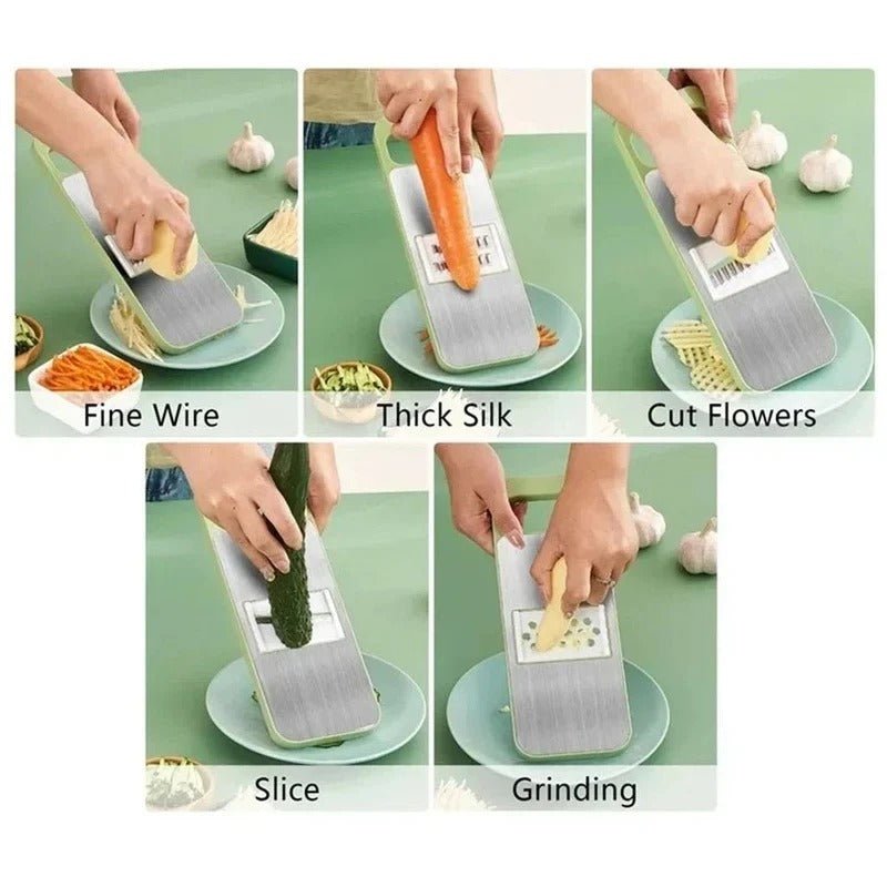 5-in-1 Vegetable Chopper – Stainless Steel Dicer, Slicer, Grater, Shredder & Peeler – Food Grade Kitchen Tool with Interchangeable Blades