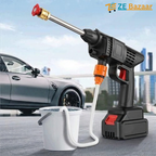 Pakistani man using water pressure gun to wash solar panels on roof – safe for glass, no scratches – Zebazaar Islamabad